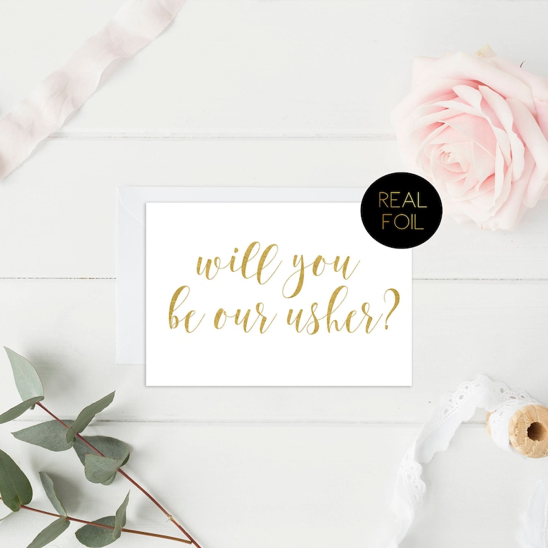 Wedding Card Gold Cards Wedding Party Bride and Groom Cards Usher Card Real Foil Card Real Foil Wedding Cards Will You Be Our Usher