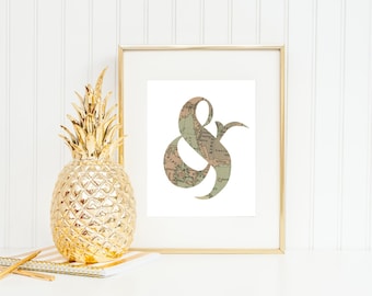 Vintage Prints, Map Ampersand Print, Ampersand Wall Art, Vintage Map Print, Map Decor, Vintage Decor, Ampersand Wall Art, Office Decor