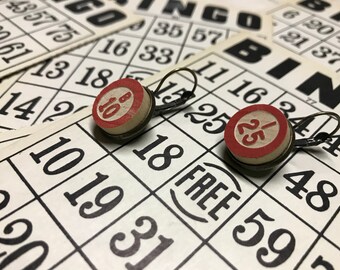 Vintage Wooden Bingo Earrings Antique Bronze or Silver Tone - Bingo Marker Chip - Board Game