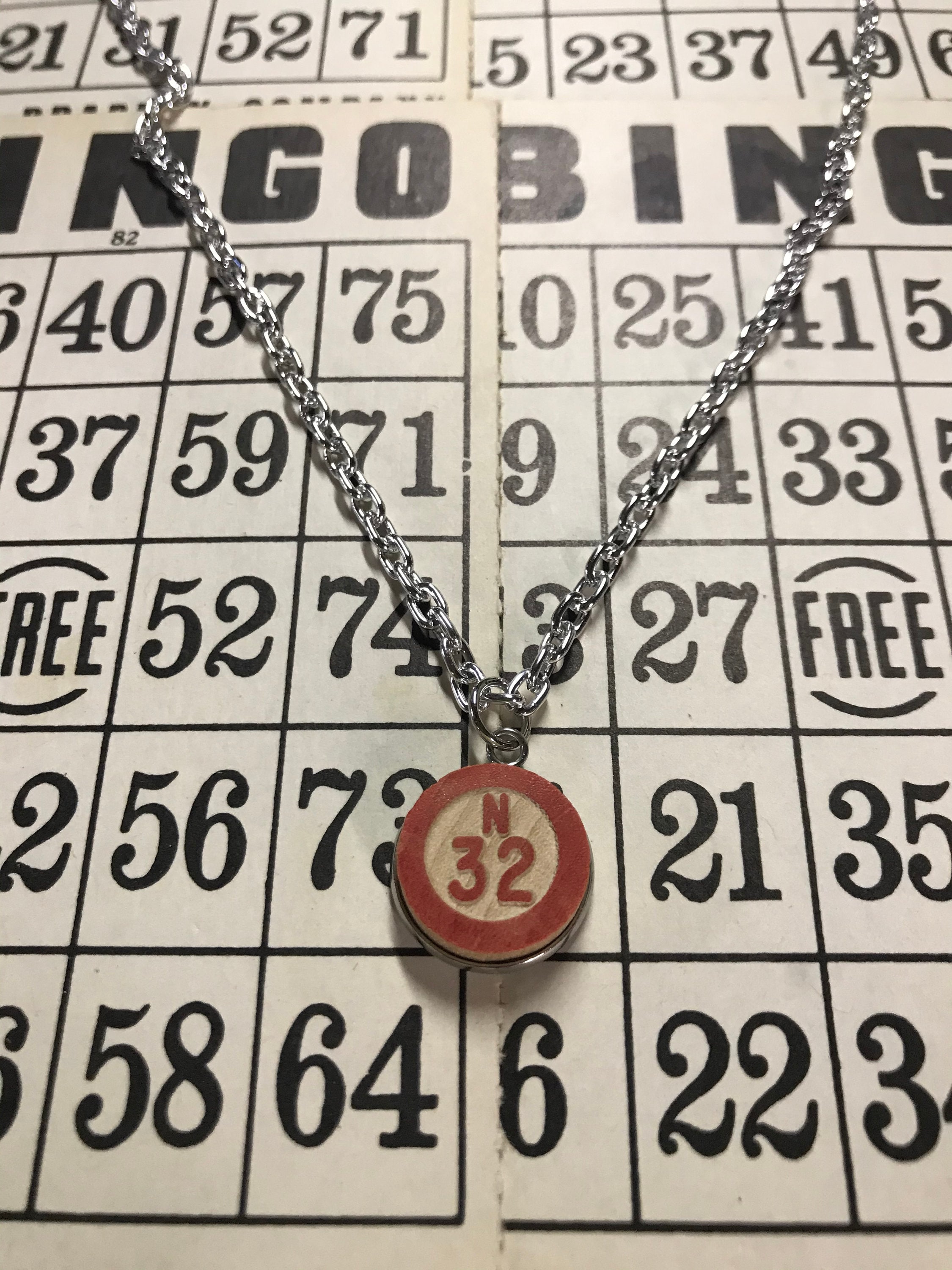 Vintage Wooden Bingo Necklace Silver Tone Board Game Etsy