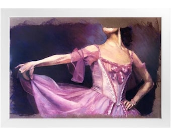 May include: A pastel drawing of a dancer wearing a pink bodice and skirt with ruffled sleeves. The dancer is posed with one arm extended, holding the fabric of the skirt against a dark, textured background, framed in a white border.