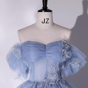 Fairy Blue Strapless Beaded Tulle Evening Dress Slit A Line Prom Dress Ball Gown  Y7960 main image 0