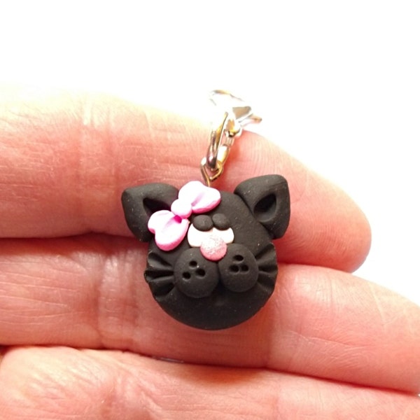 Black Cat with Pink Bow Stitch Marker - Kitty Progress Keeper - Cat Stitch Minder - Polymer Clay Charm - Gift for Knitter Crocheter