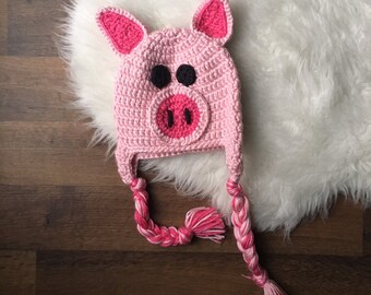Crochet Pig Hat: Handmade Animal Costume with Braided Earflaps