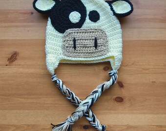 Crochet Cow Hat: Warm Costume Beanie with Braided Flaps / MADE TO ORDER