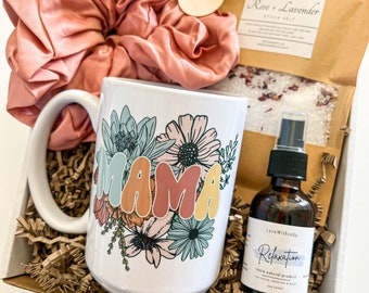 New Mom Care Box • Lavender Rose Epsom Salts, Floral Mama Mug
