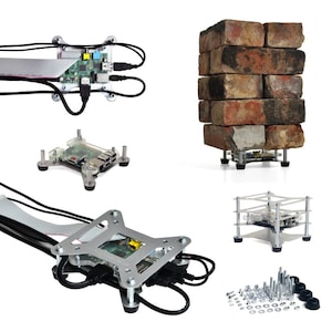 May include: A set of four silver metal Raspberry Pi stands with black rubber feet. The stands are shown with a Raspberry Pi board mounted on each stand. The stands are also shown with a brick wall, a stack of bricks, and a set of screws and nuts.