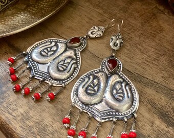 handmade Turkmen Boho Afghanistan tribal old ethnic Uzbek style shoulder dusters TRIBAL TASSEL silver earrings tassels well worn