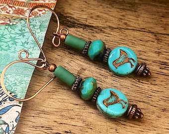 Handmade Czech glass earrings - Beaded  earrings -  rustic earrings - handmade jewelry blue teal palette - copper earrings - turquoise