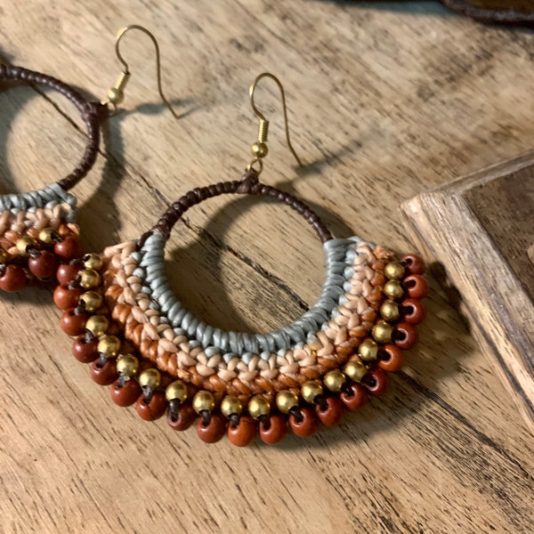 Rustic earthy boho earrings -  crochet earrings - boho macrame earrings - circle hoop earrings