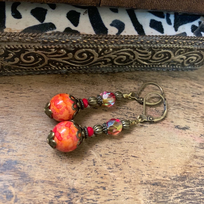 Bohemian ethnic orange shades Czech bead earrings