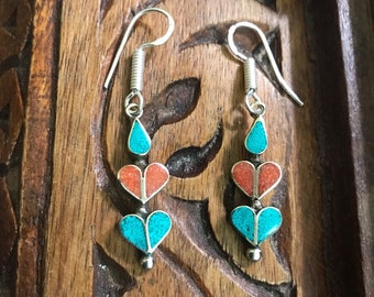 Tibetan boho turquoise coral stone artisan heart earrings