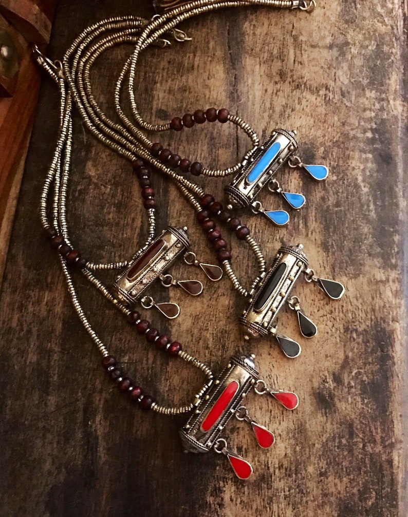 black blue green Kuchi necklace Kuchi jewelry Afghani brass Tribal prayer box necklace red Ethnic necklace