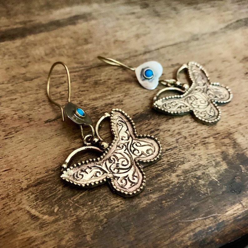 Boho earrings embossed artisan earrings Gypsy brass ethnic