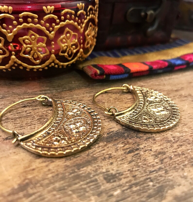 Bohemian half moon embossed small brass earrings