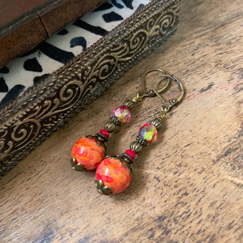 Bohemian ethnic orange shades Czech bead earrings