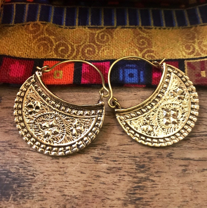 Bohemian half moon embossed small brass earrings