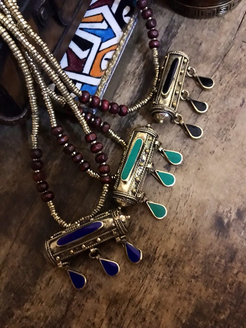 black blue green Kuchi necklace Kuchi jewelry Afghani brass Tribal prayer box necklace red Ethnic necklace
