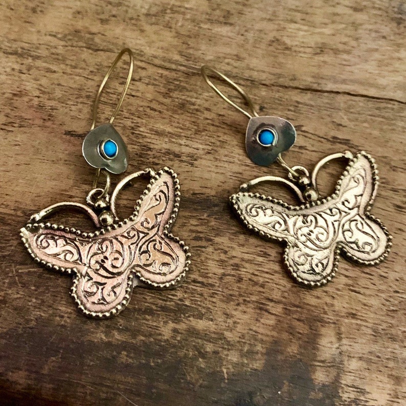 Boho earrings embossed artisan earrings Gypsy brass ethnic