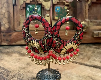Red boho earrings - dangle earrings - coral earrings - Nepal earrings - gift for her