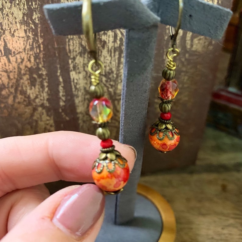 Bohemian ethnic orange shades Czech bead earrings