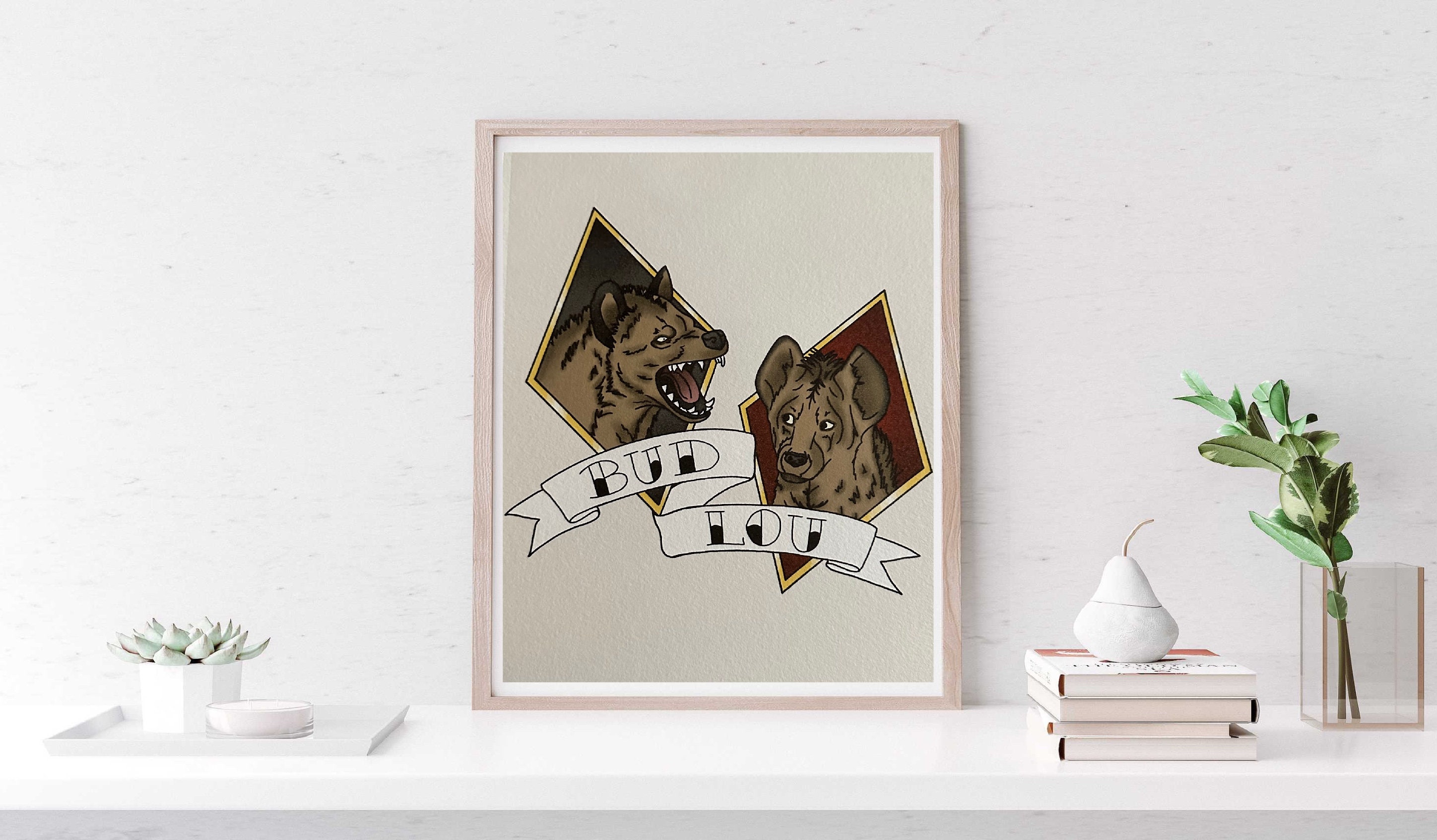 8x10 Harley Quinn Bud and Lou Hyenas Tattoo Flash Printed on Watercolor