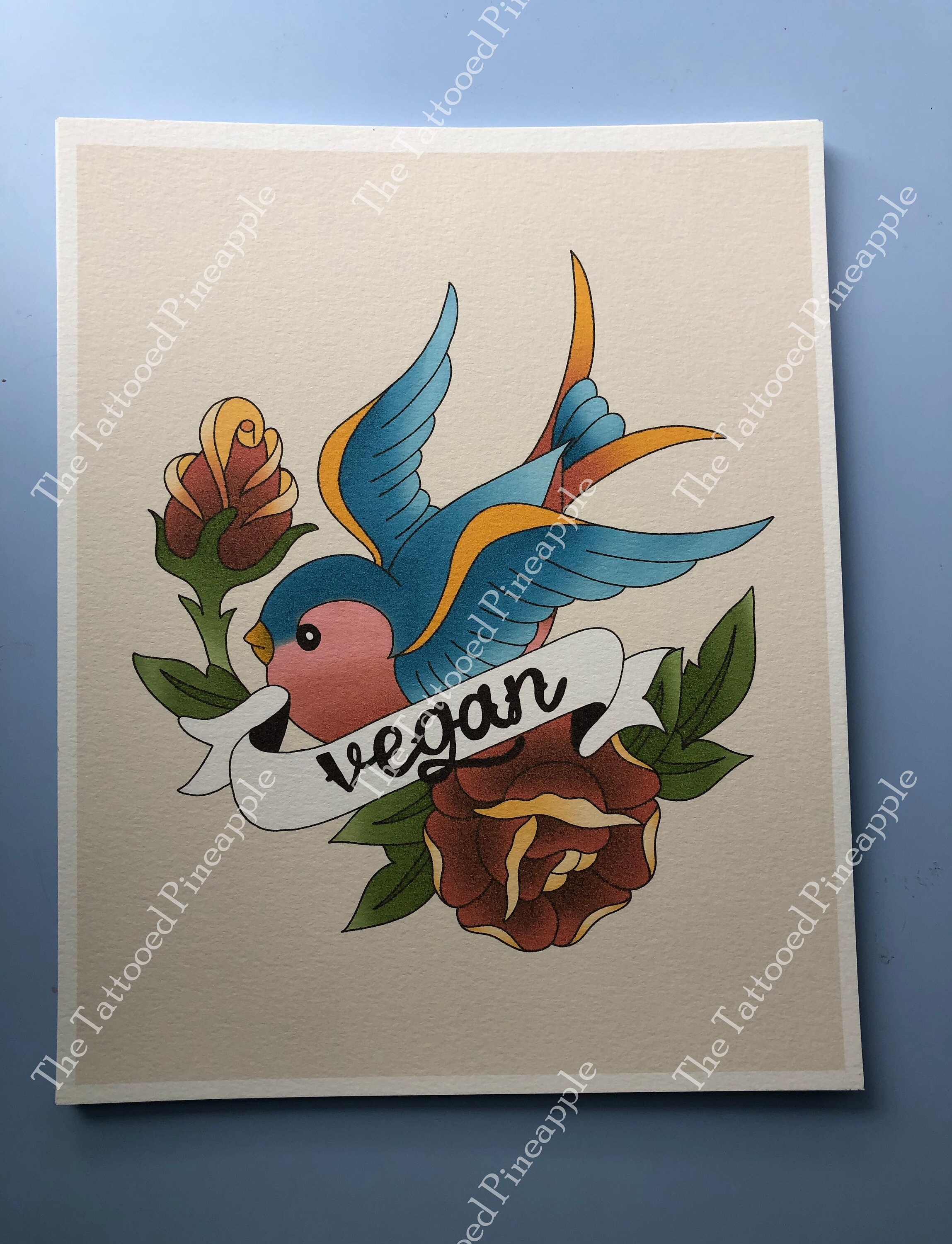 8x10 Vegan Bird Tattoo Flash Printed On Watercolor Paper Etsy