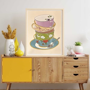 8x10 Teacups Tattoo Flash Printed On Watercolor Paper