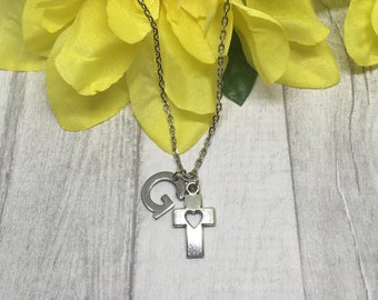 Silver Cross Necklace with Heart: Baptism Gift for Girls