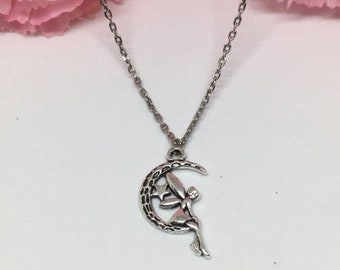 fairy necklace fairy on moon fairy jewelry dream big little one moon necklace disney inspired necklace disney fairy necklace fairy charm