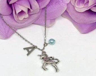 Unicorn Necklace: Stainless Steel Chain, Initial/Birthstone Option