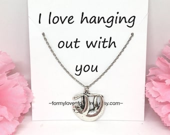 Sloth Necklace: Antique Silver Charm, Personalized Initial & Birthstone