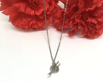 Knitting Necklace: Antique Silver Yarn & Needles Charm