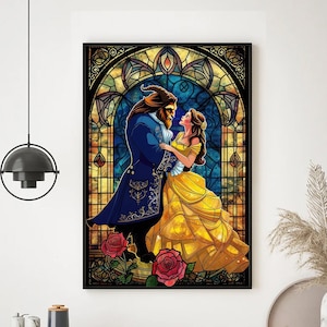 KUNST Glasmalerei-Glasmalerei-Schönheit und das Biest Plakat, Prinzessin Belle Plakat, Vintage Disney Paar Plakat-Klassik, Wand-Kunst-Dekoration