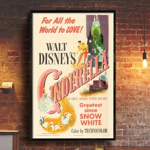 Vintage Assepoester filmposter, prinses Assepoester poster, vintage Disney filmposter klassieker, Walt Disney poster, woondecoratie