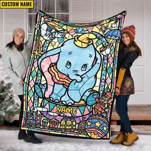 Custom Name Disney Dumbo Blanket, Baby Dumbo Glass Stained Fleece Mink Sherpa Blanket, Personalized Name Blanket, Birthday Gifts
