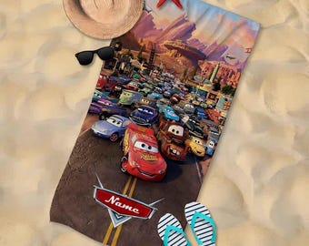 Custom Name Disney Cars Characters Beach Towel, Lightning McQueen Bath Towel, Pool Towel, Gift For Kid, Kids Beach Towel, Summer Vacation