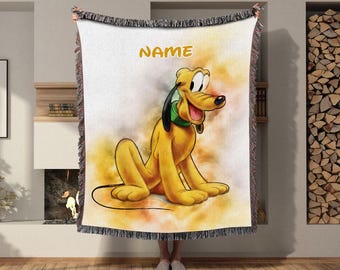 Custom Name Pluto Watercolor Woven Blanket, Disney Pluto Tapestry Woven, Disney Pluto Dog Blanket, Baby Shower, Gift For Daughter