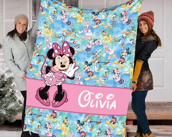 Personalized Name Minnie Blanket, Cute Minnie Fleece Mink Sherpa Blanket, Magic Kingdom Blanket, Custom Name Blanket, Mickey And Friends