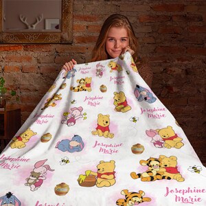 Custom Name Winnie the Pooh Blanket, Pooh and Friends Fleece Mink