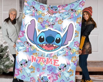 Personalized Disney Stitch With Flowers Blanket, Stitch Blanket, Lilo and Stitch Blanket , Ohana Means Family, Stitch Birthday Gifts