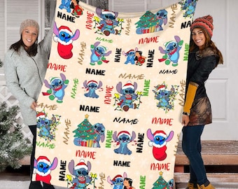 Custom Name Christmas Stitch Blanket, Disney Stitch Blanket, Lilo And Stitch Blanket, Christmas Light Stitch Blanket, Stitch Birthday Gifts
