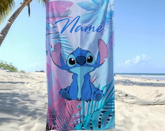 Personalized Name Tropical Stitch Beach Towel, Disney Bath Towel, Pool Towel, Disneyland Gift For Kid, Kids Beach Towel, Summer Vacation