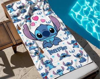 Personalized Stitch Beach Towel With Baby Name, Disney Bath Towel, Pool Towel, Disneyland Gift For Kid, Kids Beach Towel, Summer Vacation