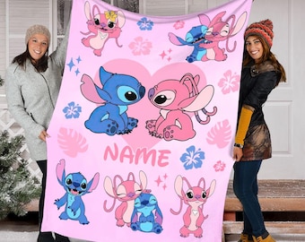 Custom Name Stitch & Angel Blanket, Disney Lilo And Stitch Blanket, Disney Couple Blanket, Disneyland Blanket, Baby Shower Gift