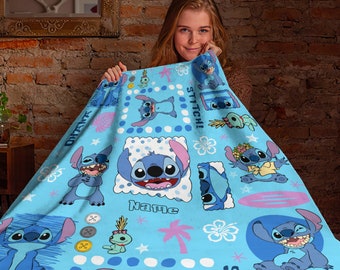 Disney Stitch Blanket, Personalized Stitch Fleece Mink Sherpa Blanket, Stitch and Lilo Blanket, Ohana Means Family, Stitch Birthday Gifts