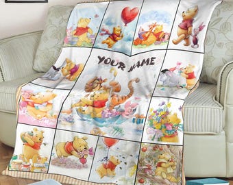Personalized Name Pooh Bear Blanket, Disney Winnie The Pooh Watercolor Blanket, Pooh & Friends Blanket, Magic Kingdom Blanket