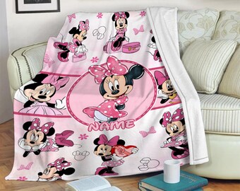 Personalized Name Minnie Mouse Baby Blanket, Disney Minnie Fleece Mink Sherpa Blanket, Custom Name Blanket, Gift For Kid, Birthday Gift