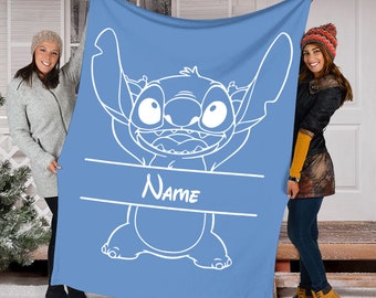 Personalized Name Stitch Blanket, Stitch Fleece Mink Sherpa Blanket, Lilo And Stitch Blanket, Ohana Means Family, Stitch Birthday Gifts