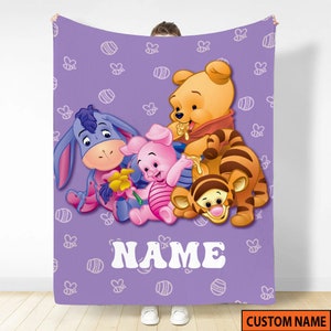 Custom Name Winnie The Pooh Fleece Blanket, Pooh Bear Sofa Blanket, WDW Blanket, Magic Kingdom, Sherpa Blanket, Birthday Gift For Baby